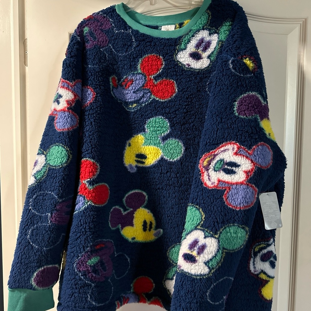 Disney Sweater Womens XXL Blue Mickey Head Fuzzy Fleece Pullover